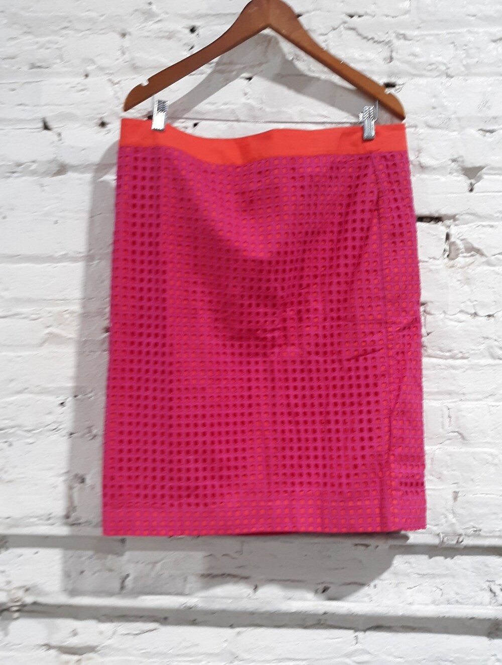 Talbots Vintage Y2K Pink Orange Eyelet Lace Mesh Grid Pencil Skirt 14 Cotton